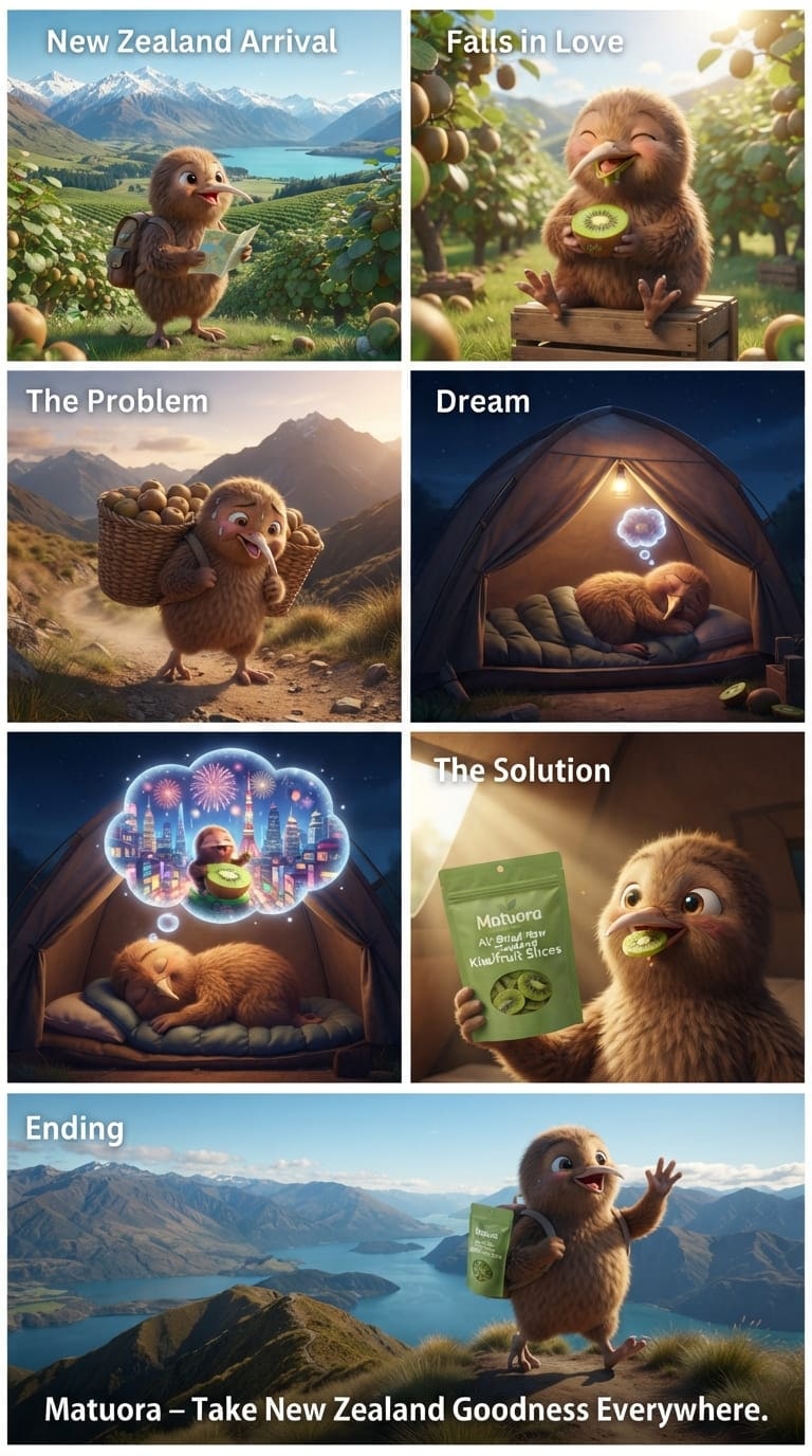 Matuora brand storyboard featuring Kia Ora Kiwi the kiwi